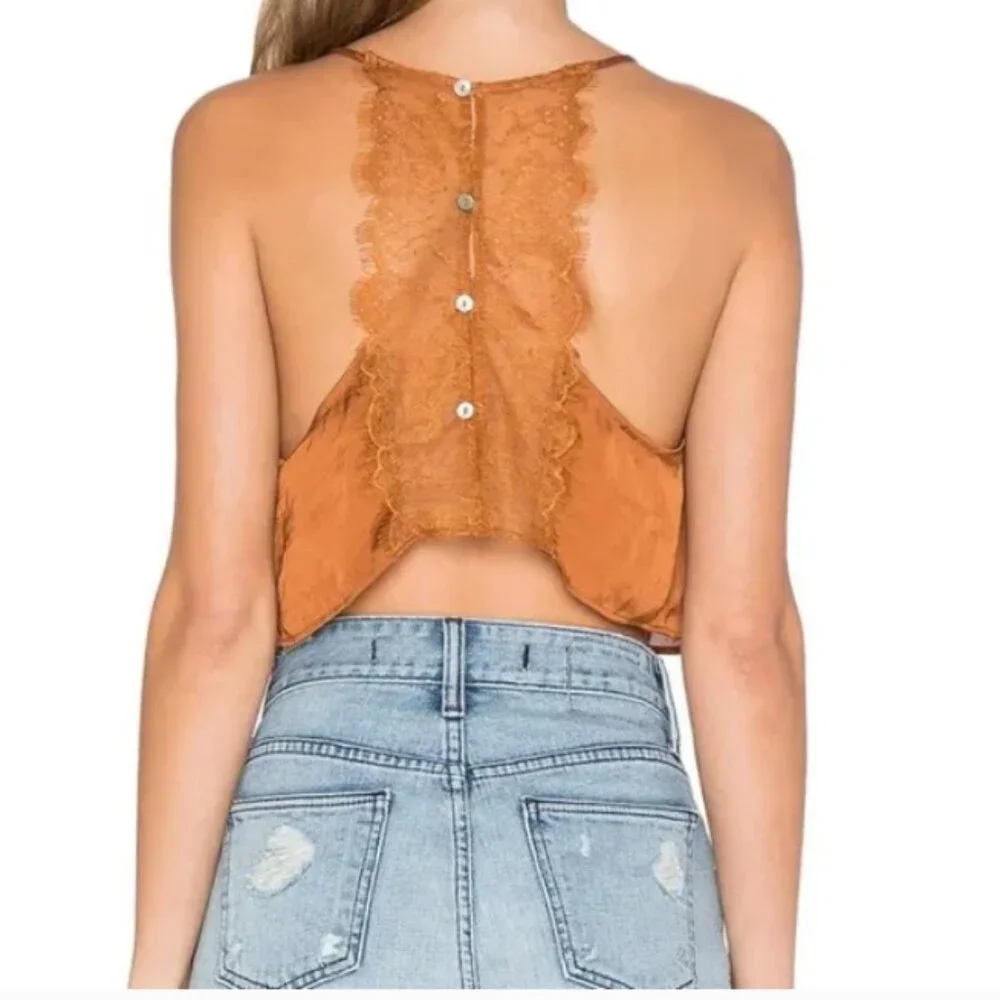 Free People Rust Orange Satin Lace-Trim Cropped Cami - Picture 2 of 6